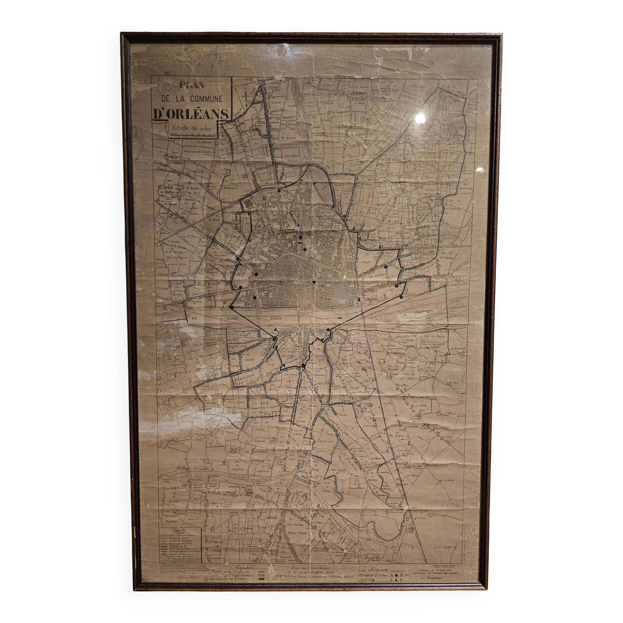 Old map of Orléans under glass frame