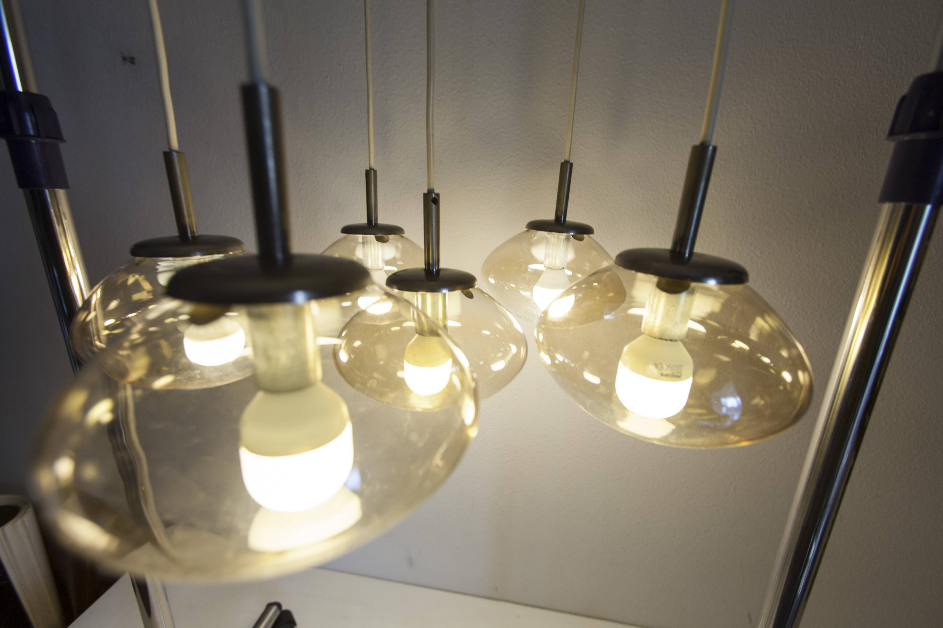 Light smoked glass water drop chandelier with 6 drops from the 1960s.