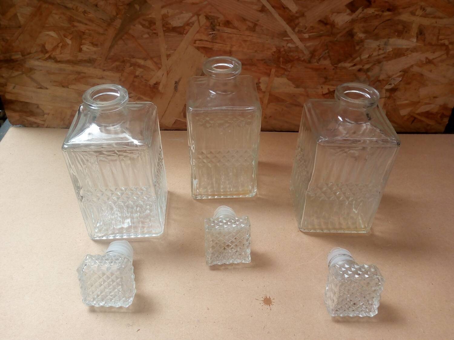 Set of 3 molded glass whiskey liqueur carafes + vintage stoppers
