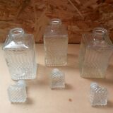 Set of 3 molded glass whiskey liqueur carafes + vintage stoppers