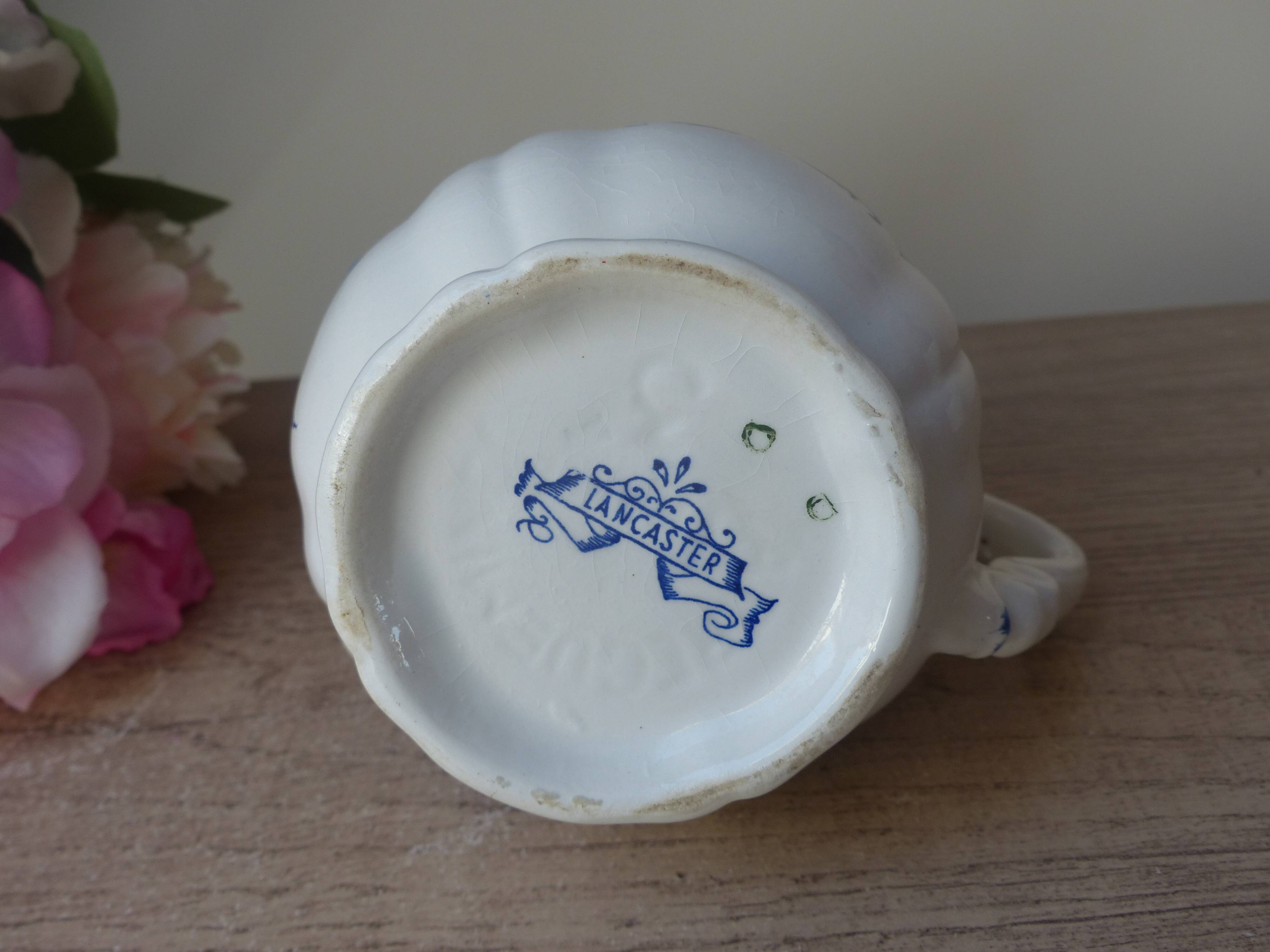 Old Milk Jug, Creamer, Jug, Sarraguemines Lancaster Vintage Blue Flowers Decor