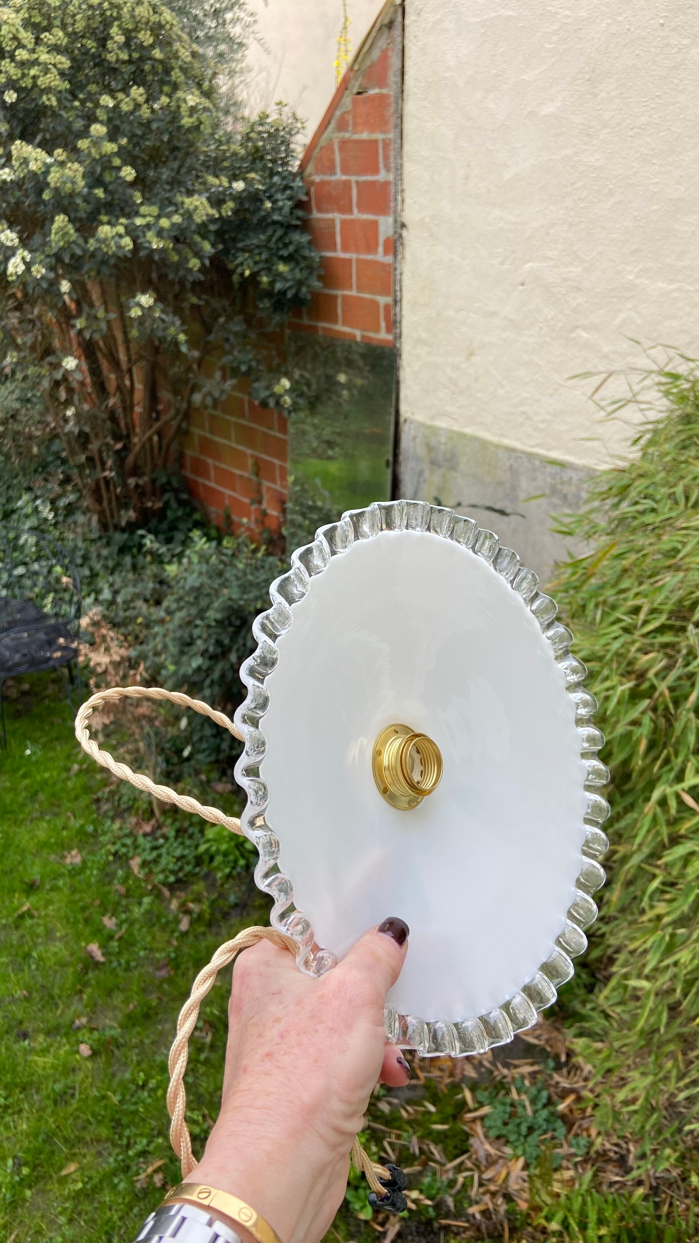 Vintage pendant lamp in serrated white opaline