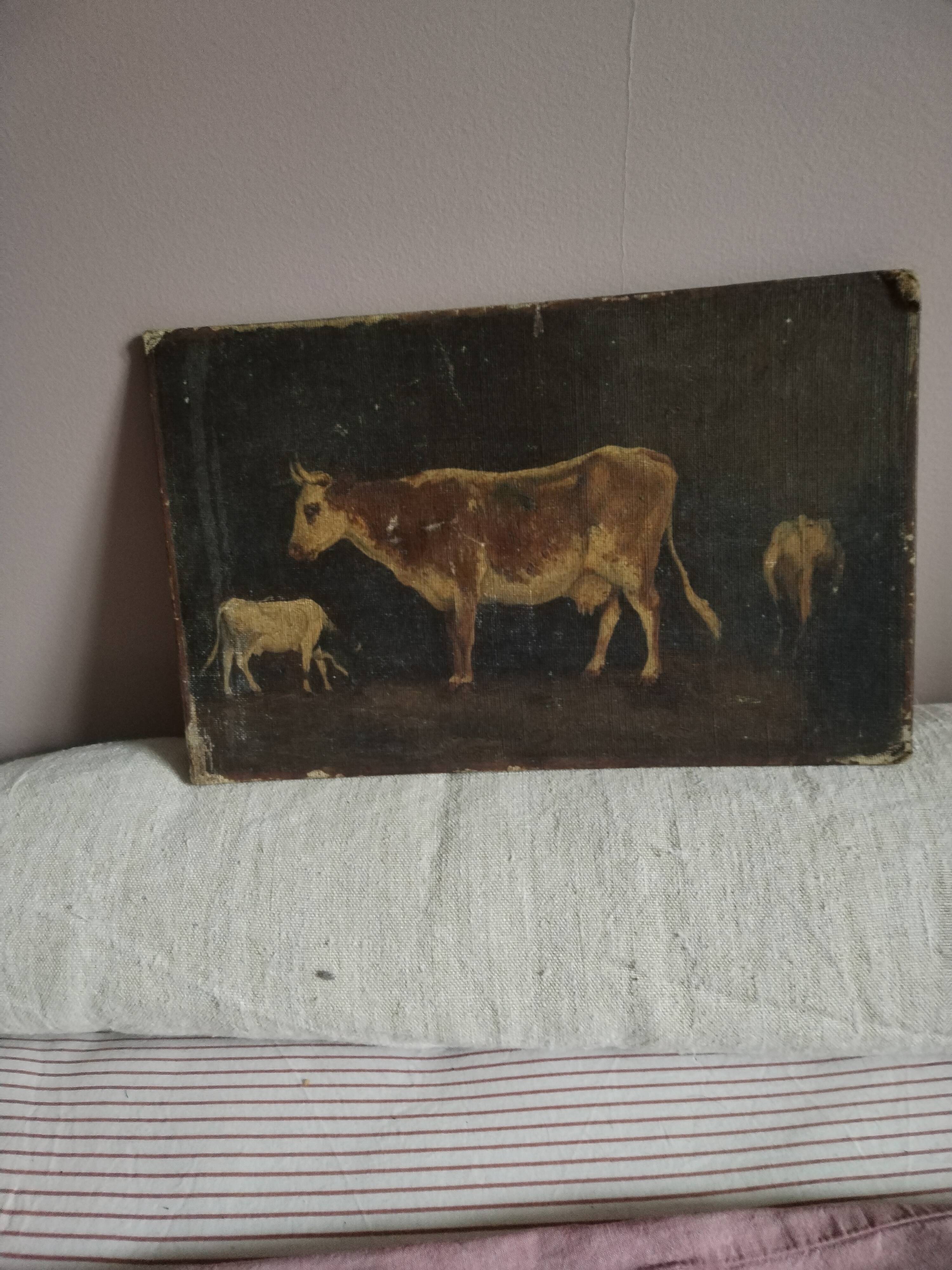 Pastoral oil on cardboard cows 19th signed