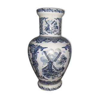 White ceramic vase - windmill decoration and blue flowers -MOLEN