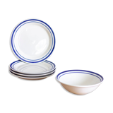 4 blue bordered dessert plates and a matching bowl