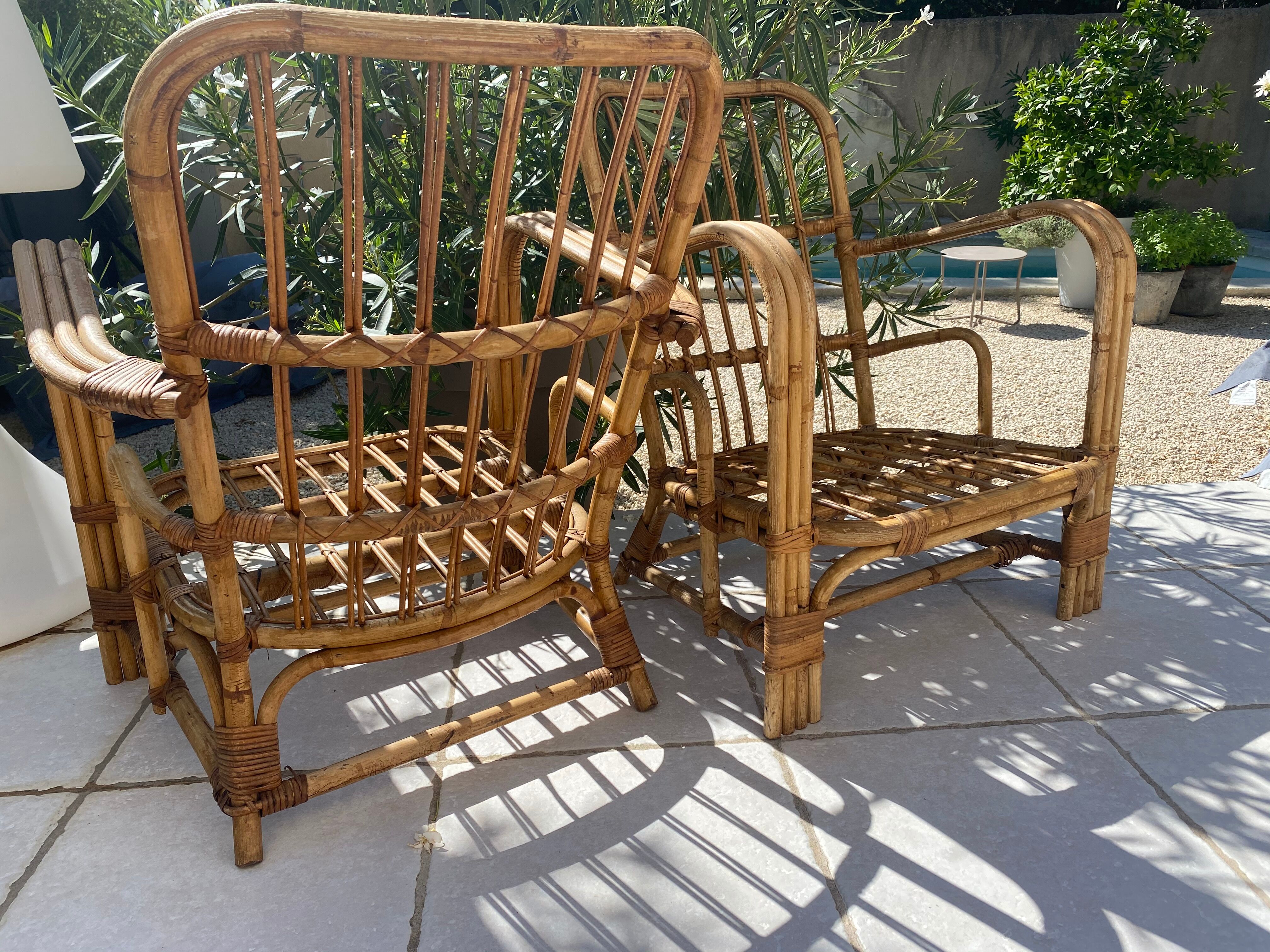 Pair of bamboo and rattan armchairs