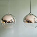 Pair of large Space Age pendant lights in clear glass and chrome, 1970s