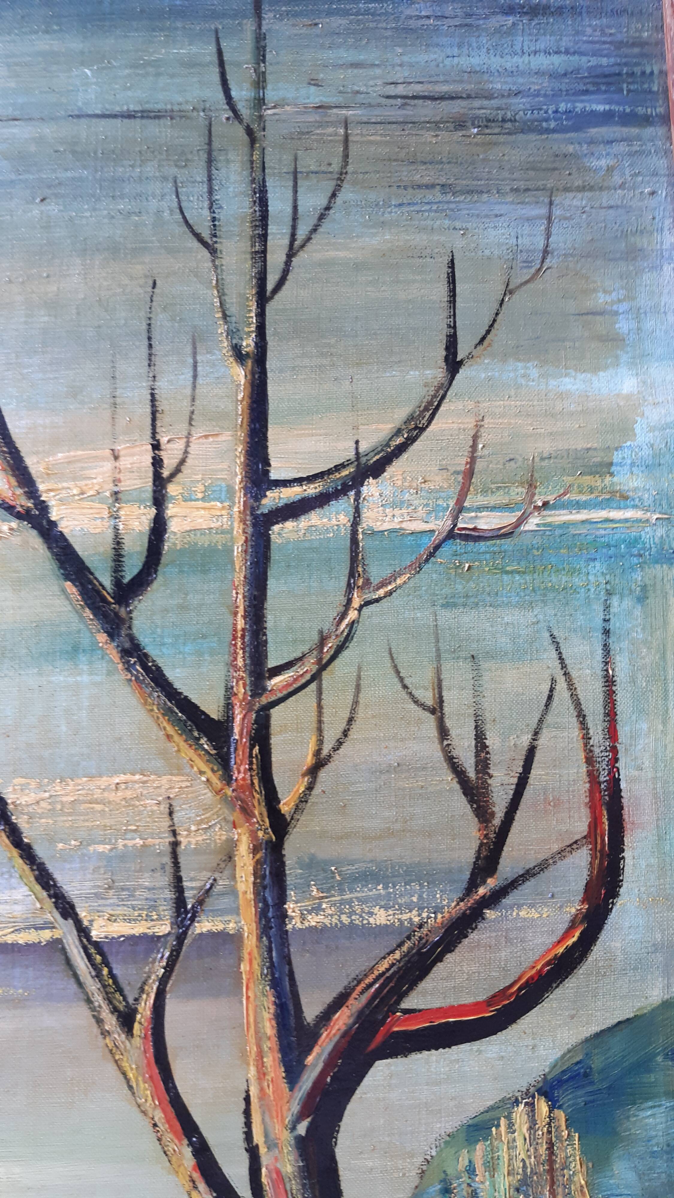 Oil painting on canvas landscape expressionist trees 30-40s signed