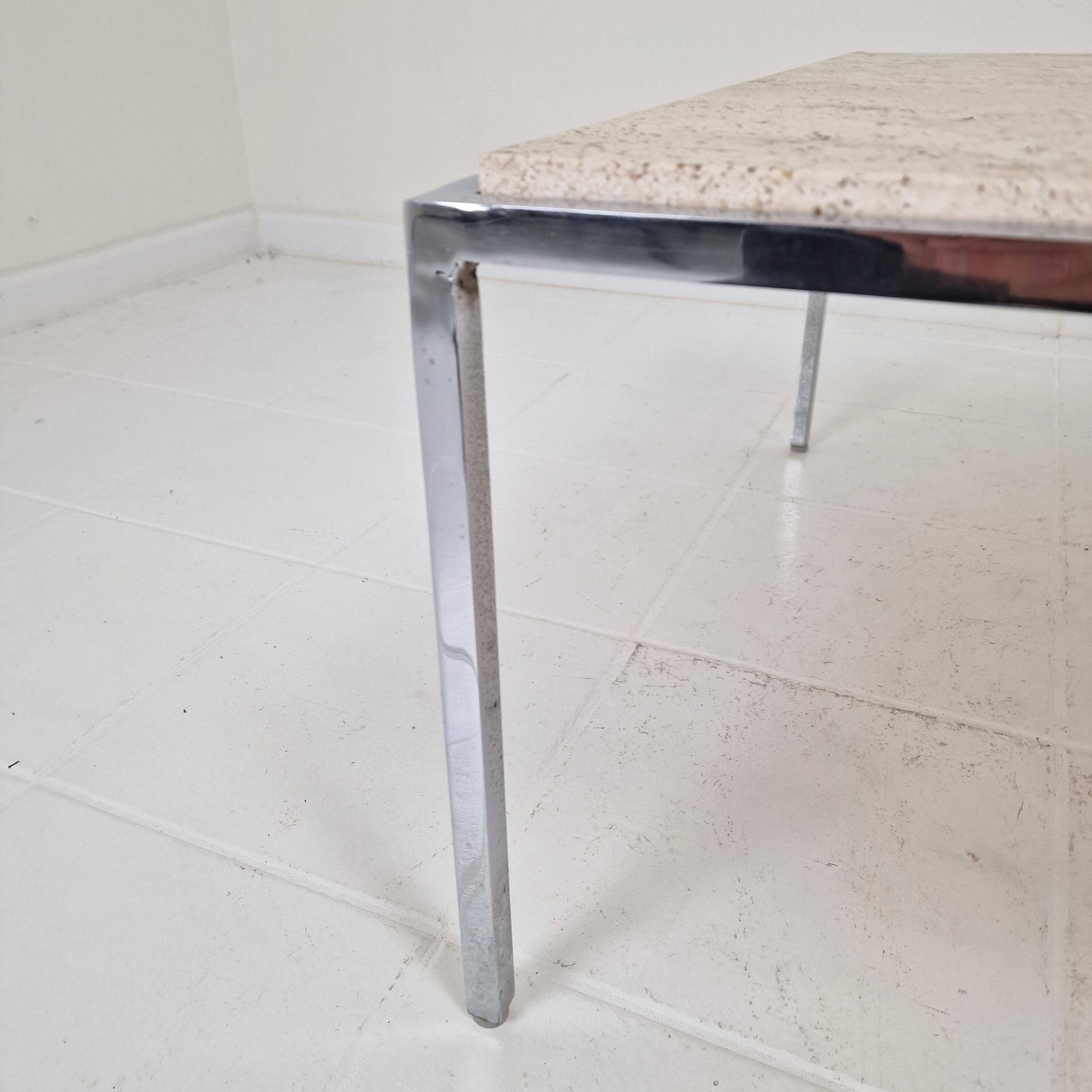Italian Square Travertine Coffee Table with Steel Base, 1980's