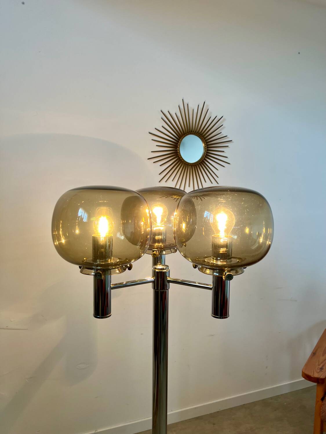 Old 3-light chrome and smoked glass floor lamp Italian design from the 70s vintage