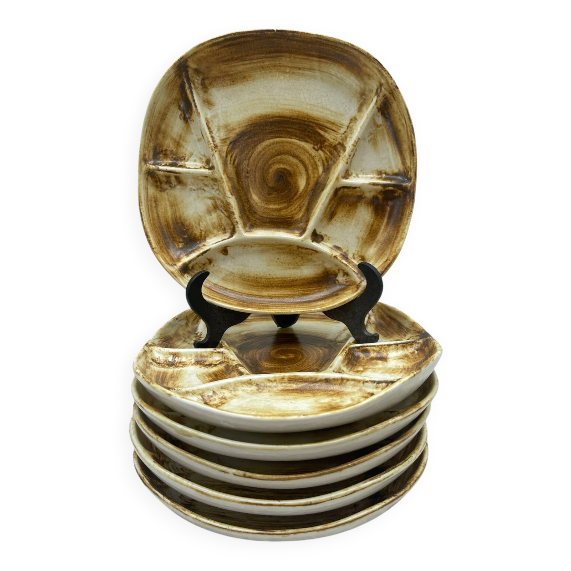 6 Longchamp Fondue Plates – 22 cm – Vintage Enameled Stoneware