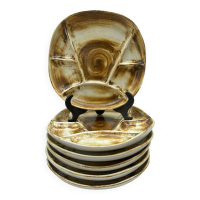 6 Assiettes à Fondue Longchamp – 22 cm – Grès Émaillé Vintage
