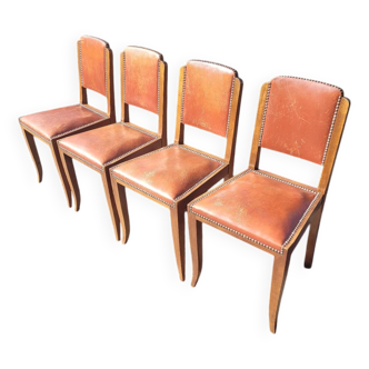 Set of 4 art deco chairs with leather seats