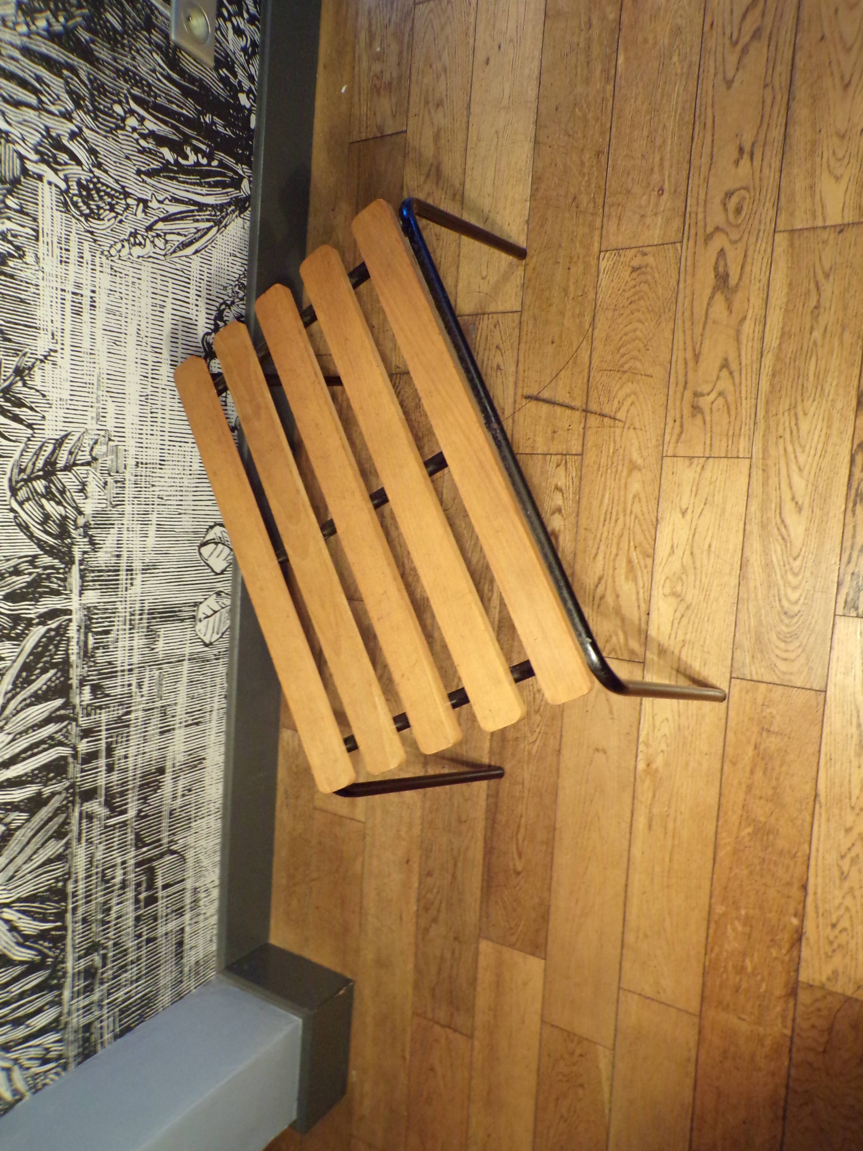 Old 1950s suitcase bench with wooden slats