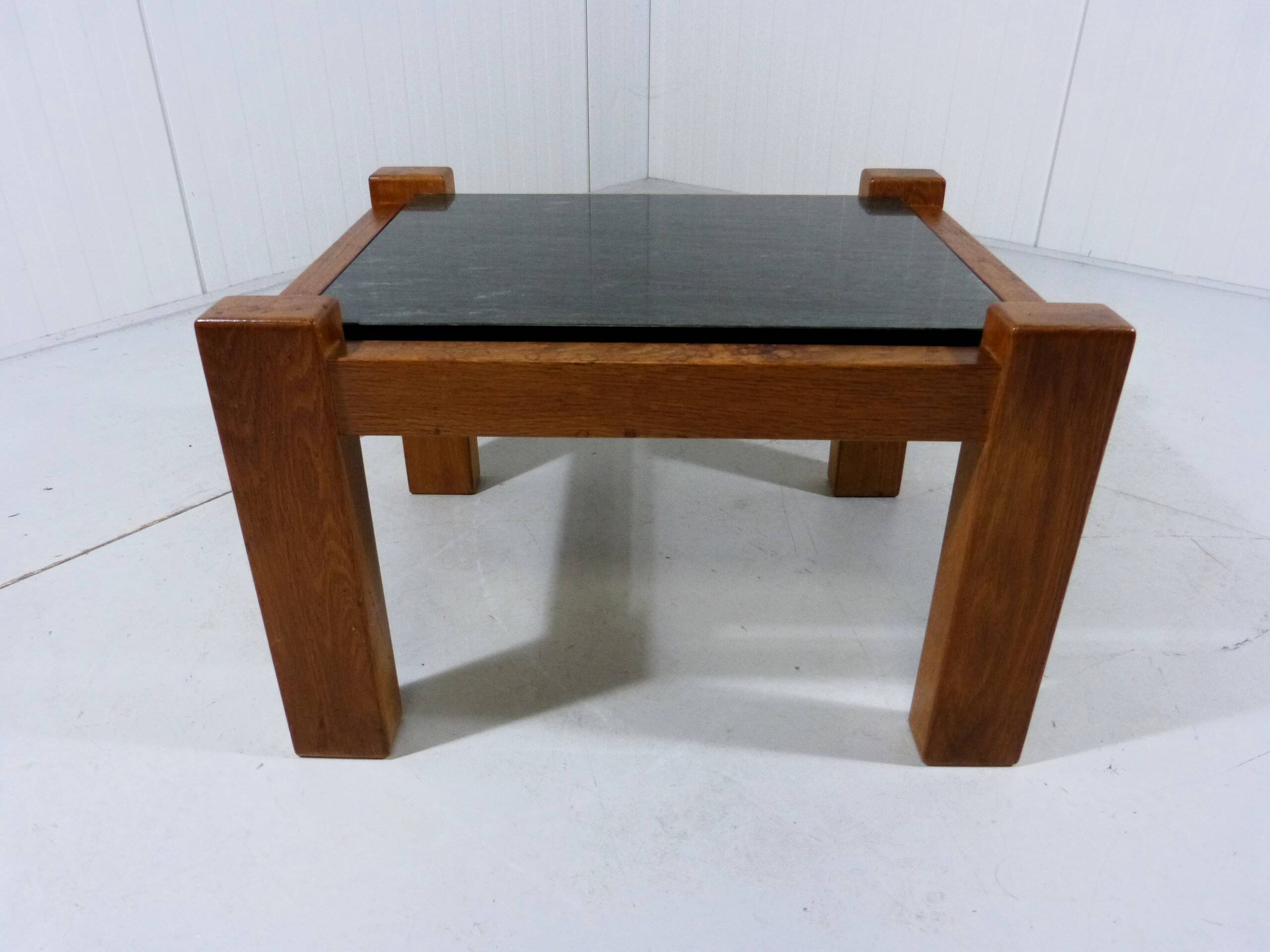 Brutalist coffee side table in oak & natural stone 1970's