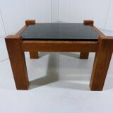 Brutalist coffee side table in oak & natural stone 1970's