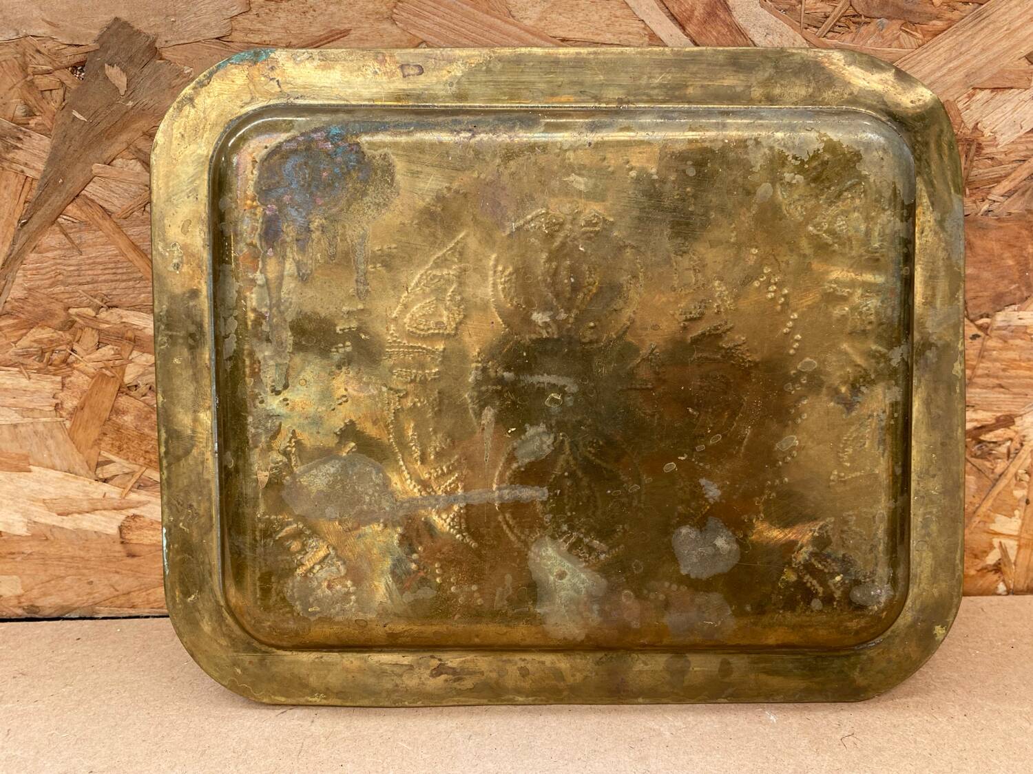 Antique Oriental Serving Tray Brass Chiseled Decor Vintage Kitchen