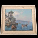 Oil on canvas coastal landscape with boat