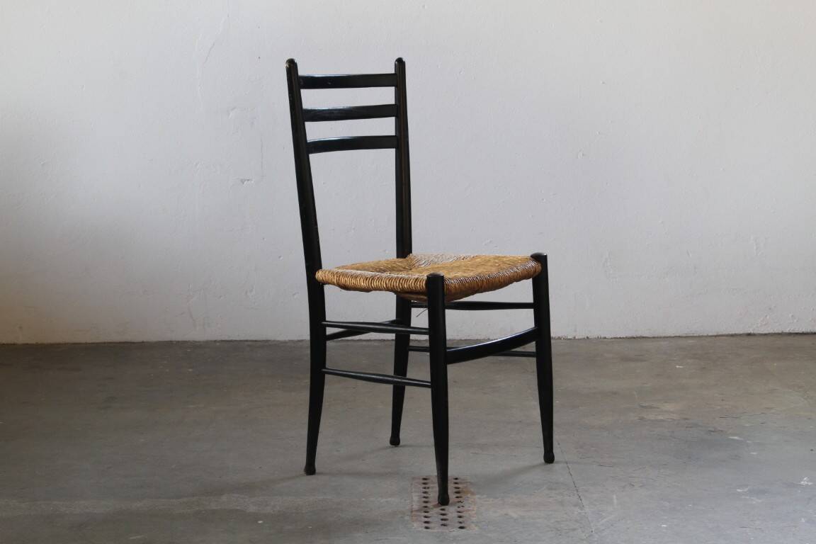 Vintage set of 8 Italian papercord black dining chairs, woven seat, 1950s