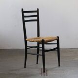 Vintage set of 8 Italian papercord black dining chairs, woven seat, 1950s