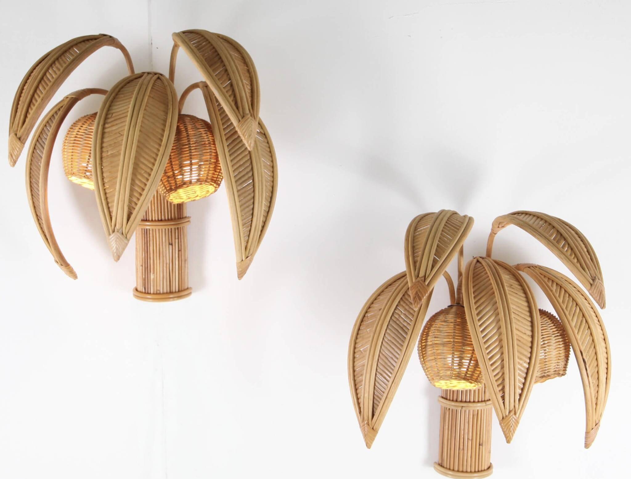Pair of "coconut/palm" wall lights in rattan