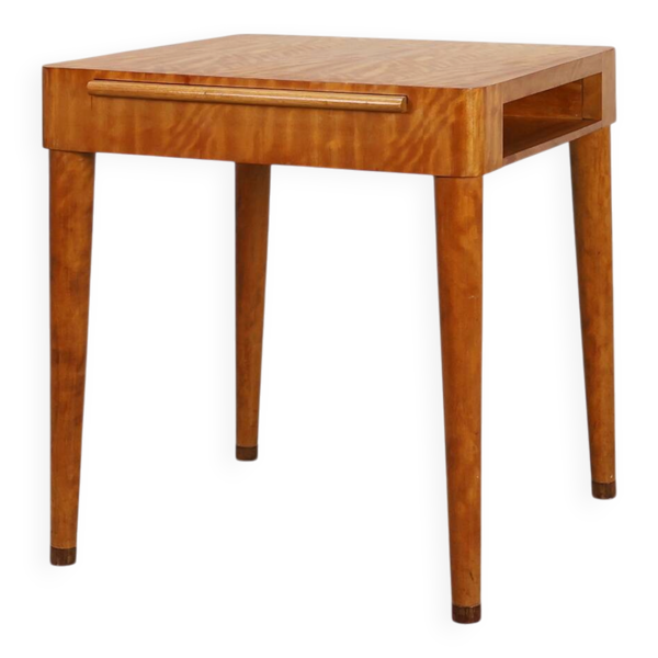 Table d'appoint en placage de bouleau Art Déco avec tiroir, France années 1920