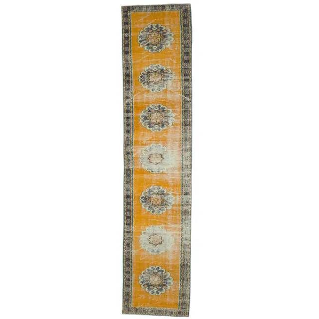 Vintage Turkish Oushak handmade wool cotton orange runner rug 74x350