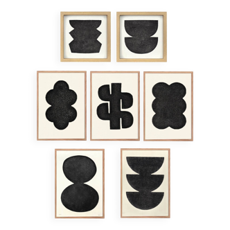 Set of 7 framed black paintings signed Eawy