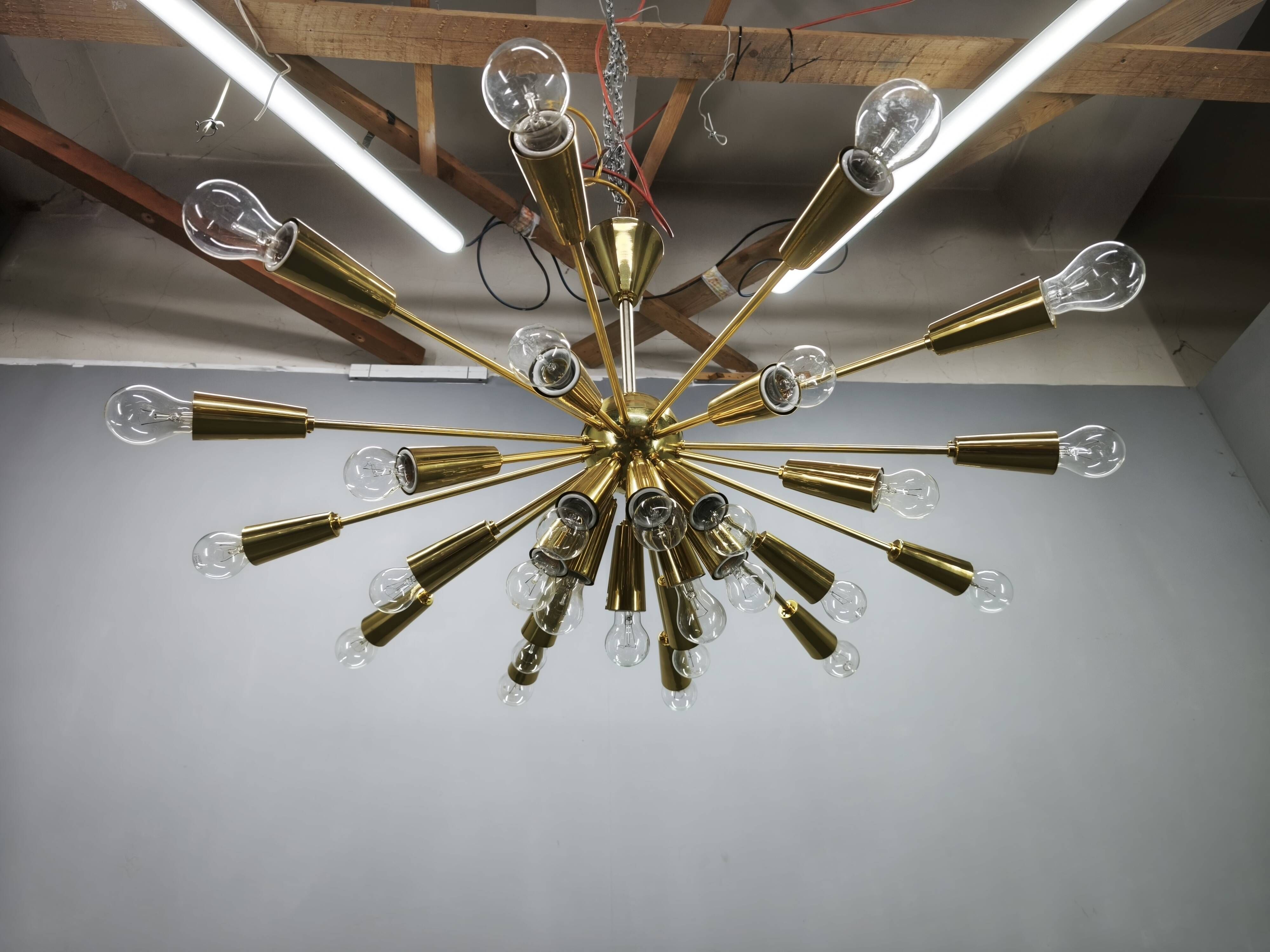 Kamenický Šenov 28-Light Brass Sputnik Chandelier, Czechoslovakia, 1970s