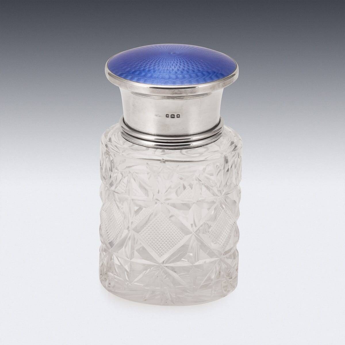 Bocal en cristal taillé, en argent massif anglais du 20e siècle, émaillé guilloché.