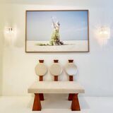 Contemporary Wooden Bench with Triple Circular Backrest Bouclé Upholstery, Italy