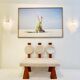 Contemporary Wooden Bench with Triple Circular Backrest Bouclé Upholstery, Italy
