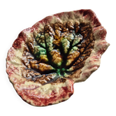Leaf-shaped catchall dish in barbotine / vintage majolica Flamed enamels