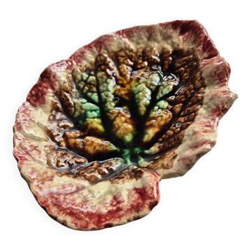 Leaf-shaped catchall dish in barbotine / vintage majolica Flamed enamels