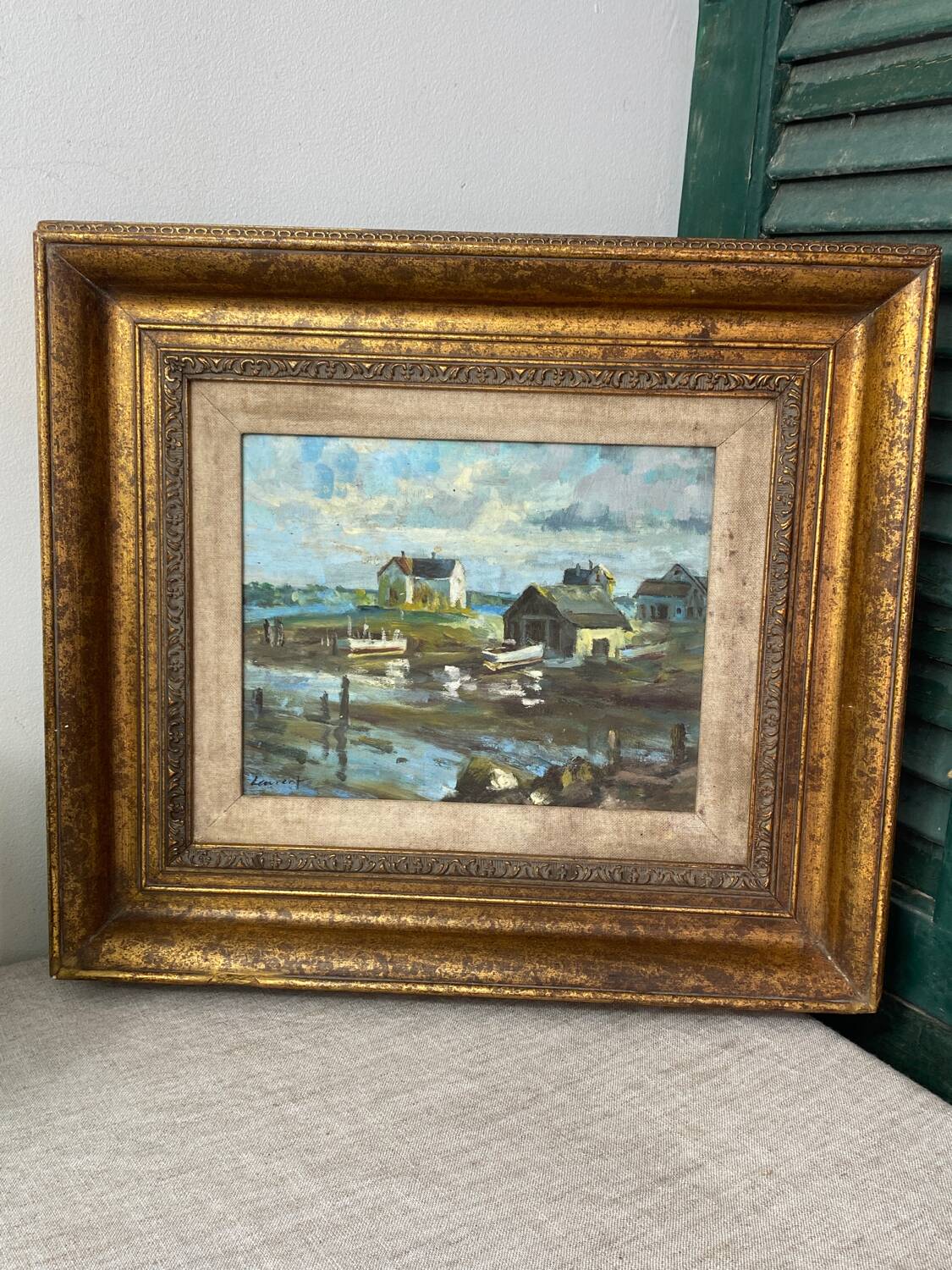 Oil on canvas, seaport scene
