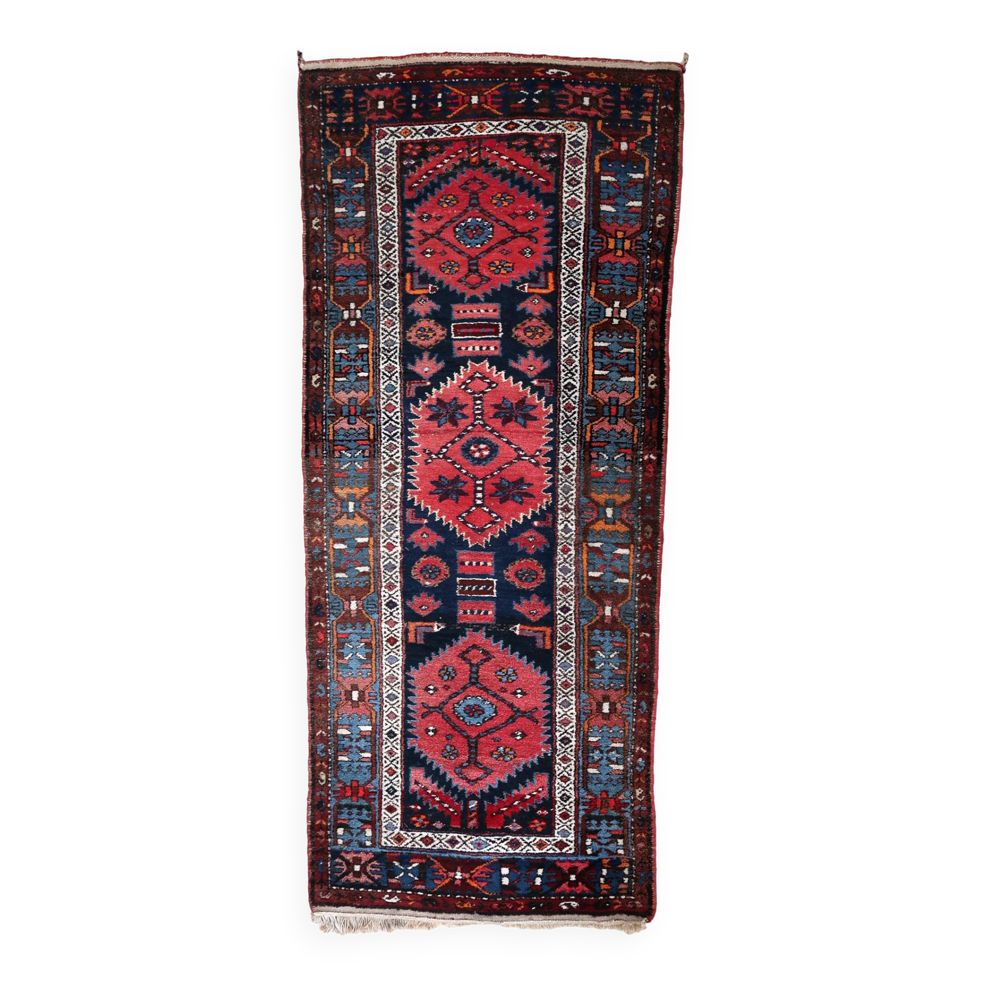 Antique Persian Handmade Hamadan Runner Rug, 3.4' x 7.7' (106cm x 237cm), 1920s