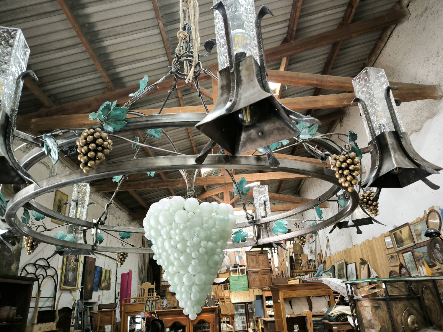 Large, heavy wrought iron and glass chandelier, circa 1980/90