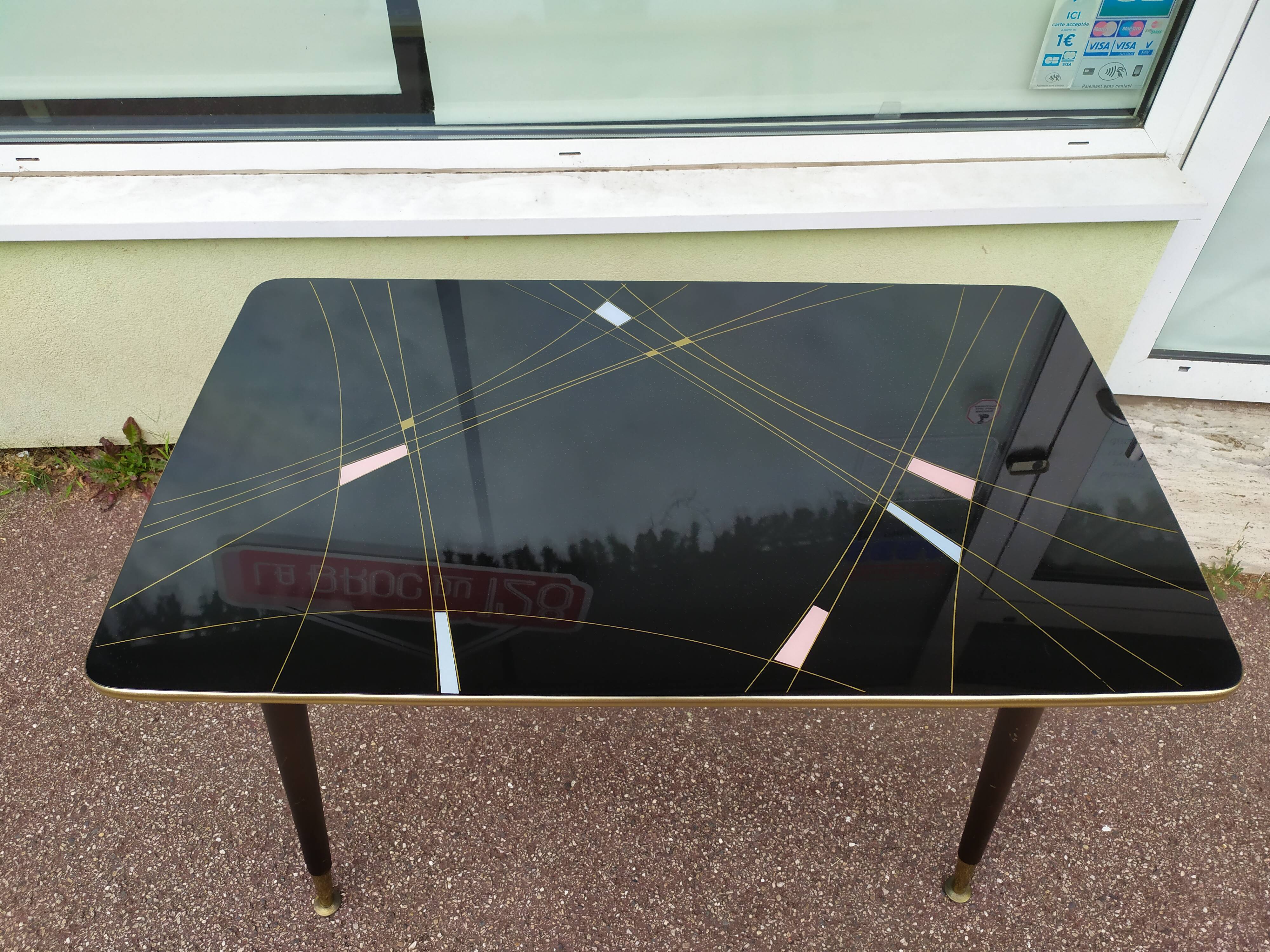 Table mid-low formica feet compass glass tray - vintage 1960