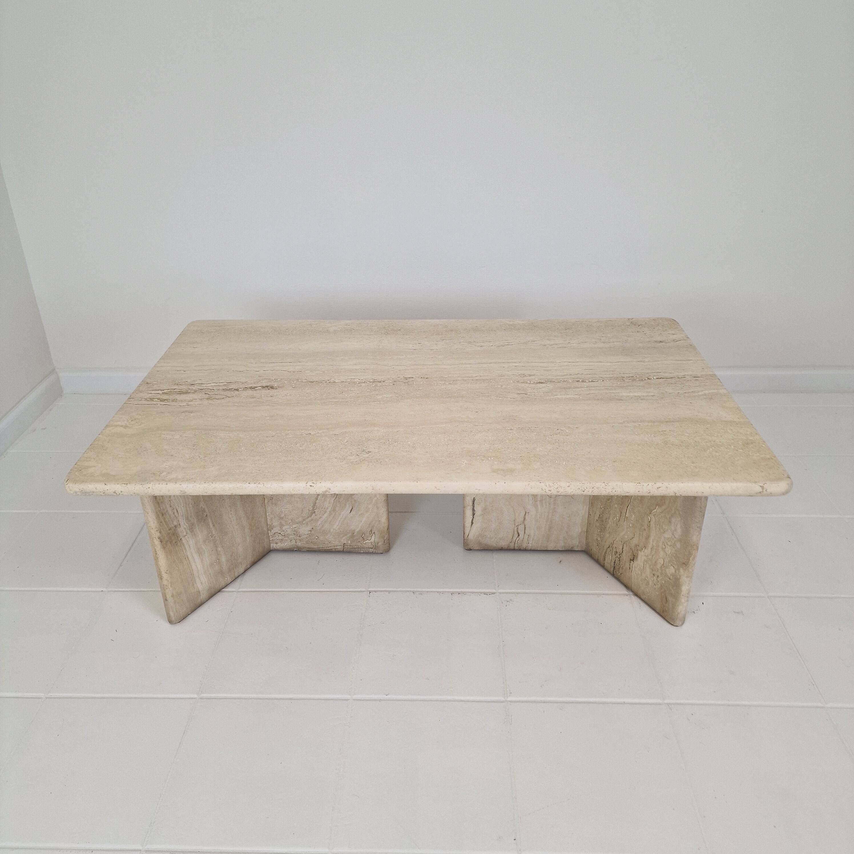 Robust Italian Travertine Coffee Table With two 3-leg Feet, 1980s