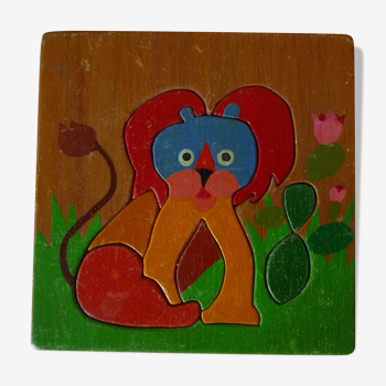 Puzzle lion en bois artisanal pour enfant vintage années 70