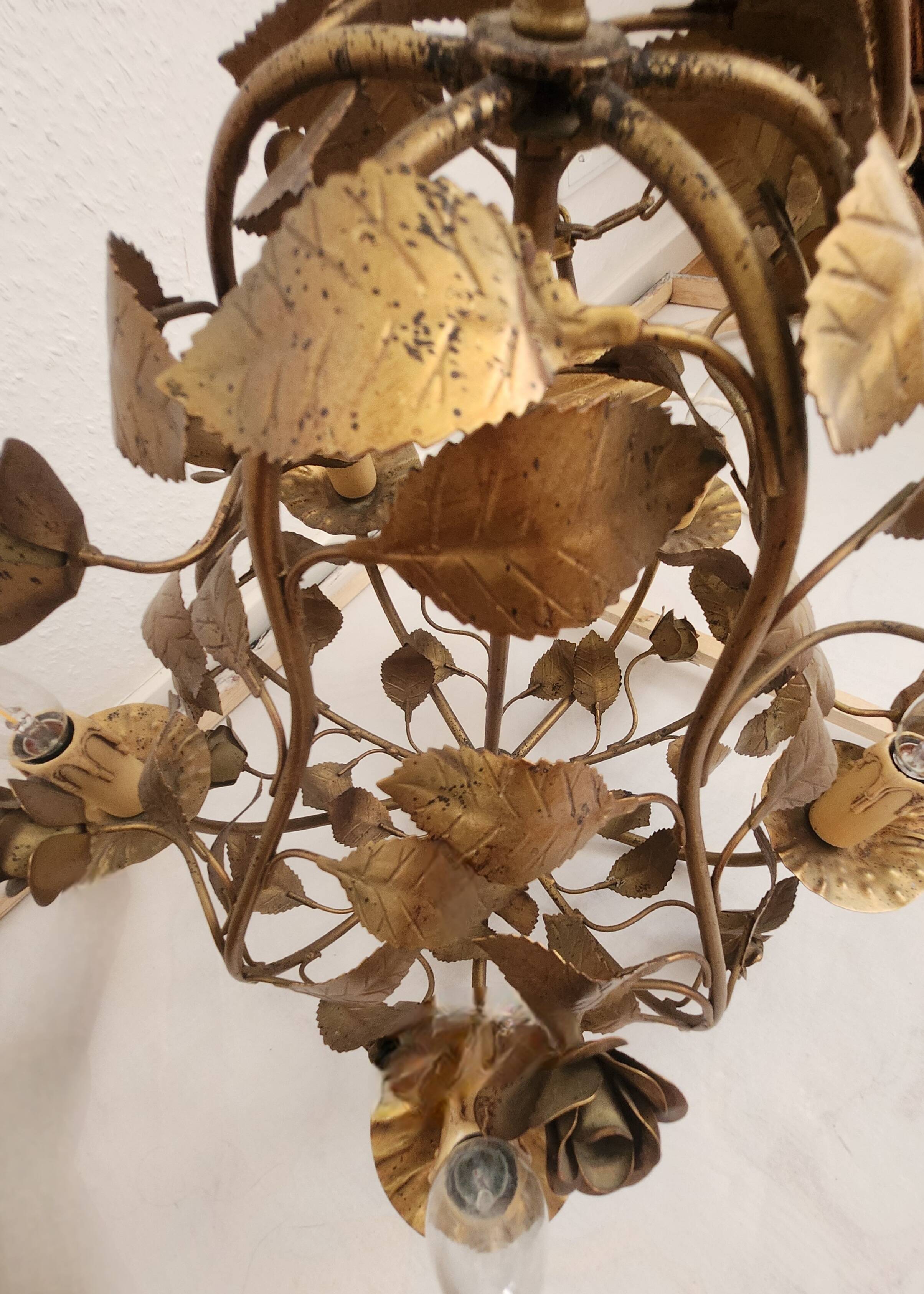 Chandelier hand-forged Hollywood Regency rose leaf decorations