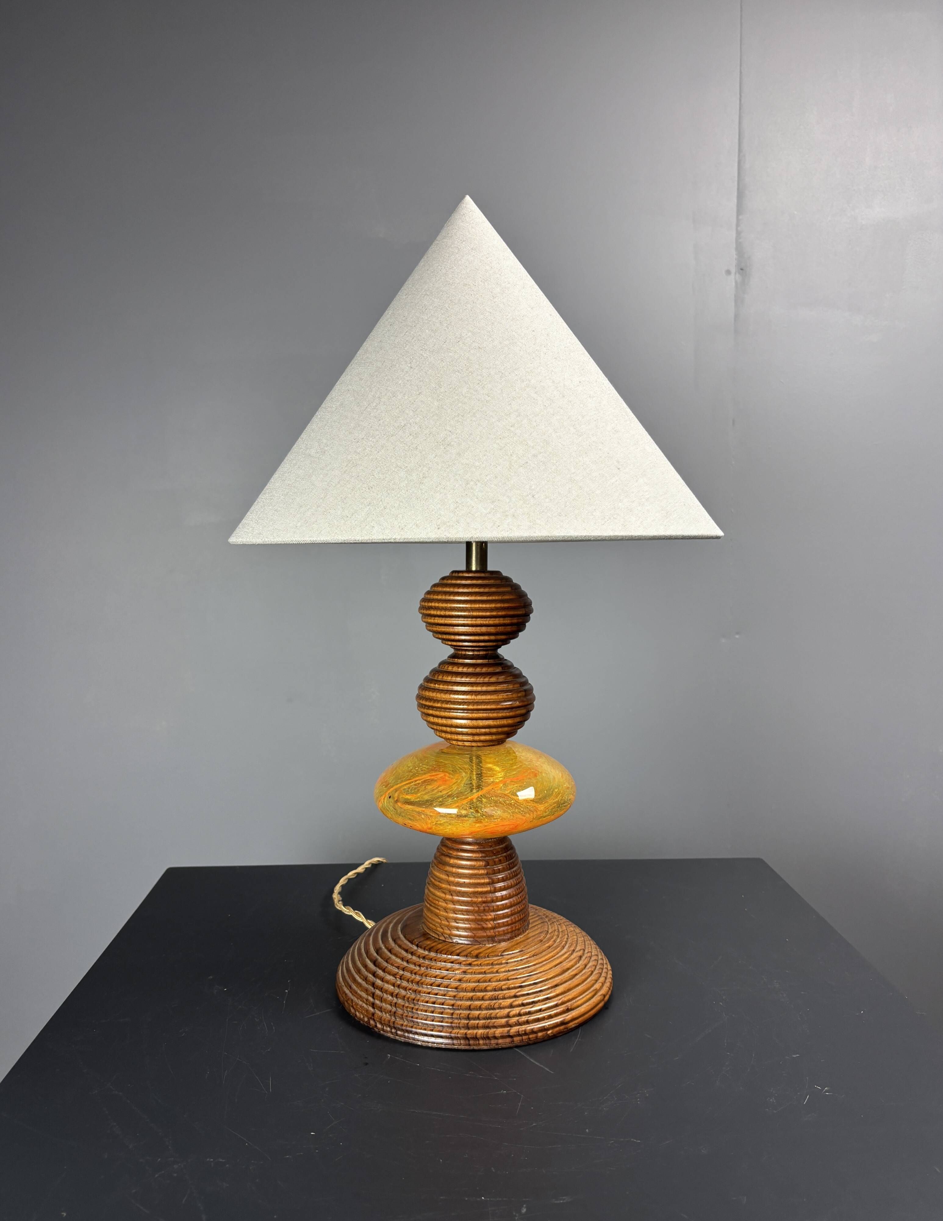 Midcentury wood turned adjustable table lamp with glass sphere, 1970s