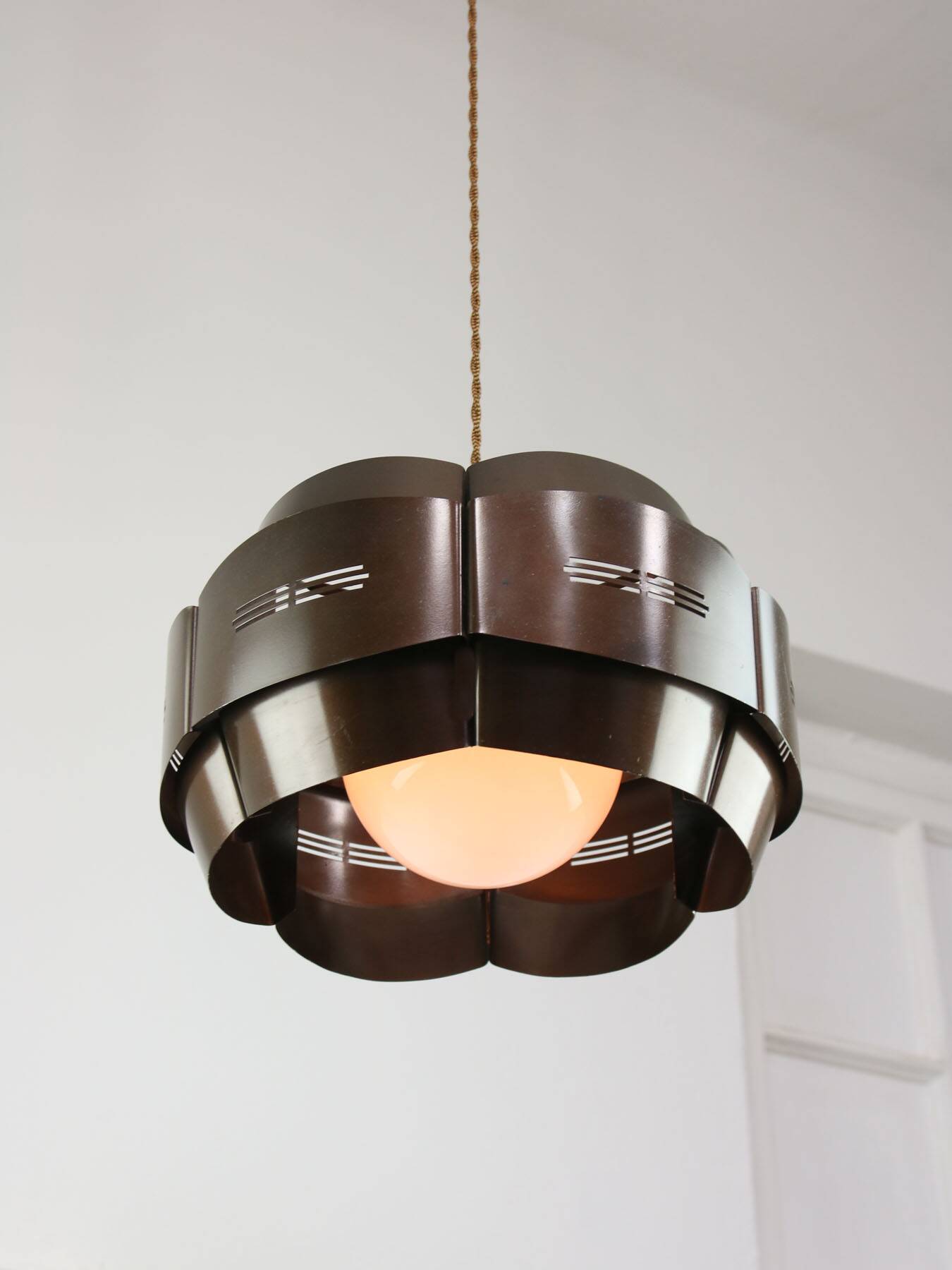 Vintage Italian Metal and Opaline Glass Pendant Lamp, 70s