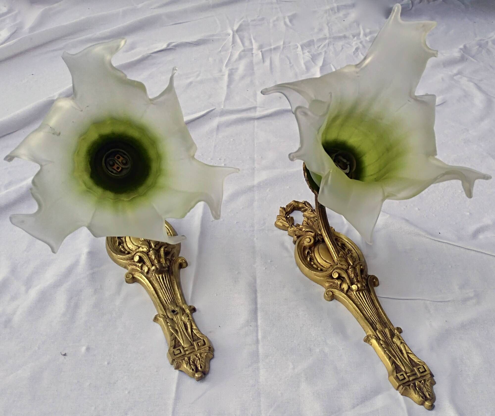 Pair of gilded metal glass paste sconces from the early 20th century