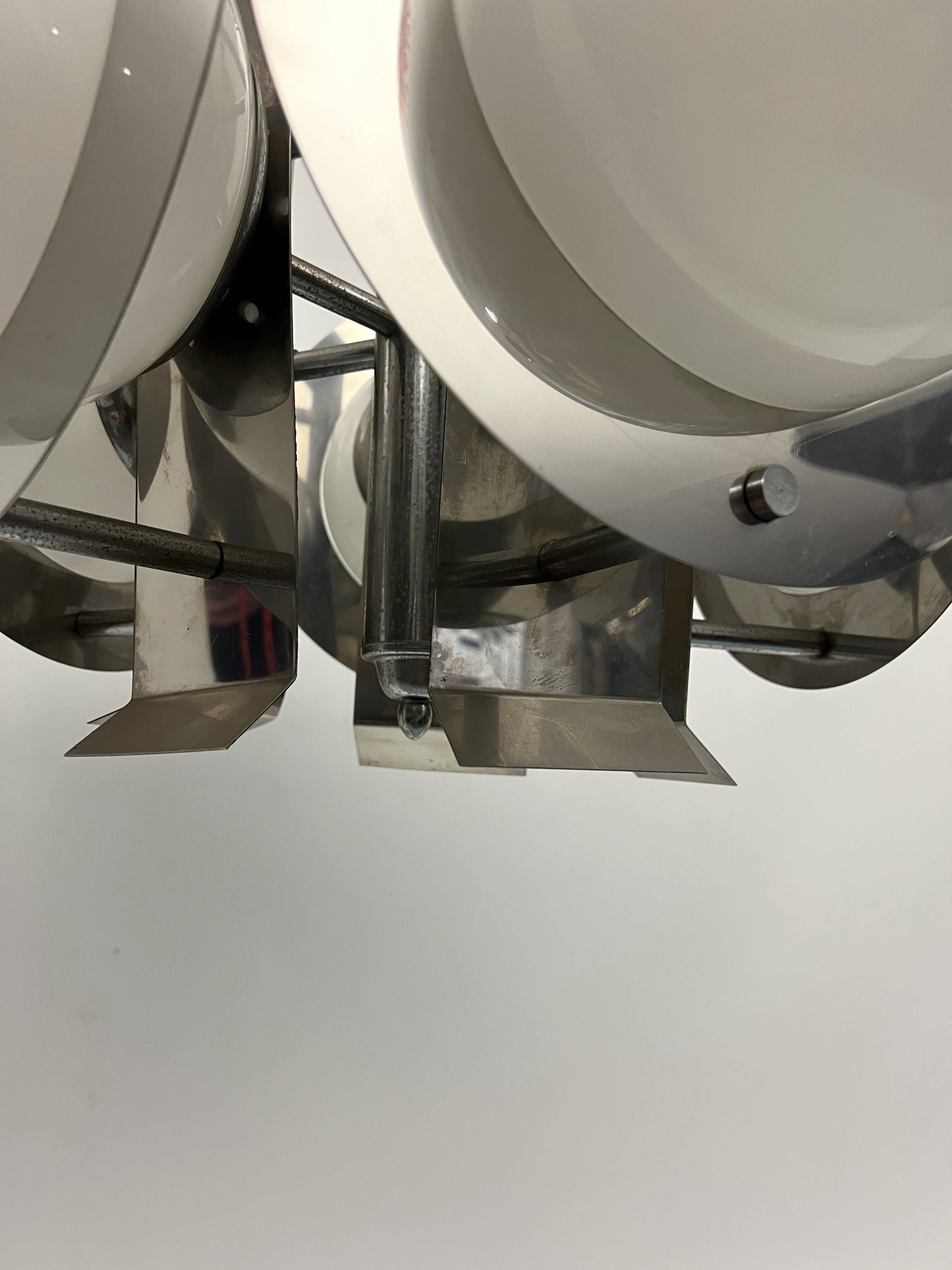 Space Age five lights chandelier in chrome and white glass. Italy 1970s