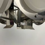 Space Age five lights chandelier in chrome and white glass. Italy 1970s