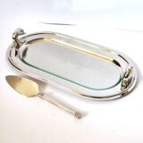 Vintage silver-plated foie gras platter with goose head decoration and serving spatula.