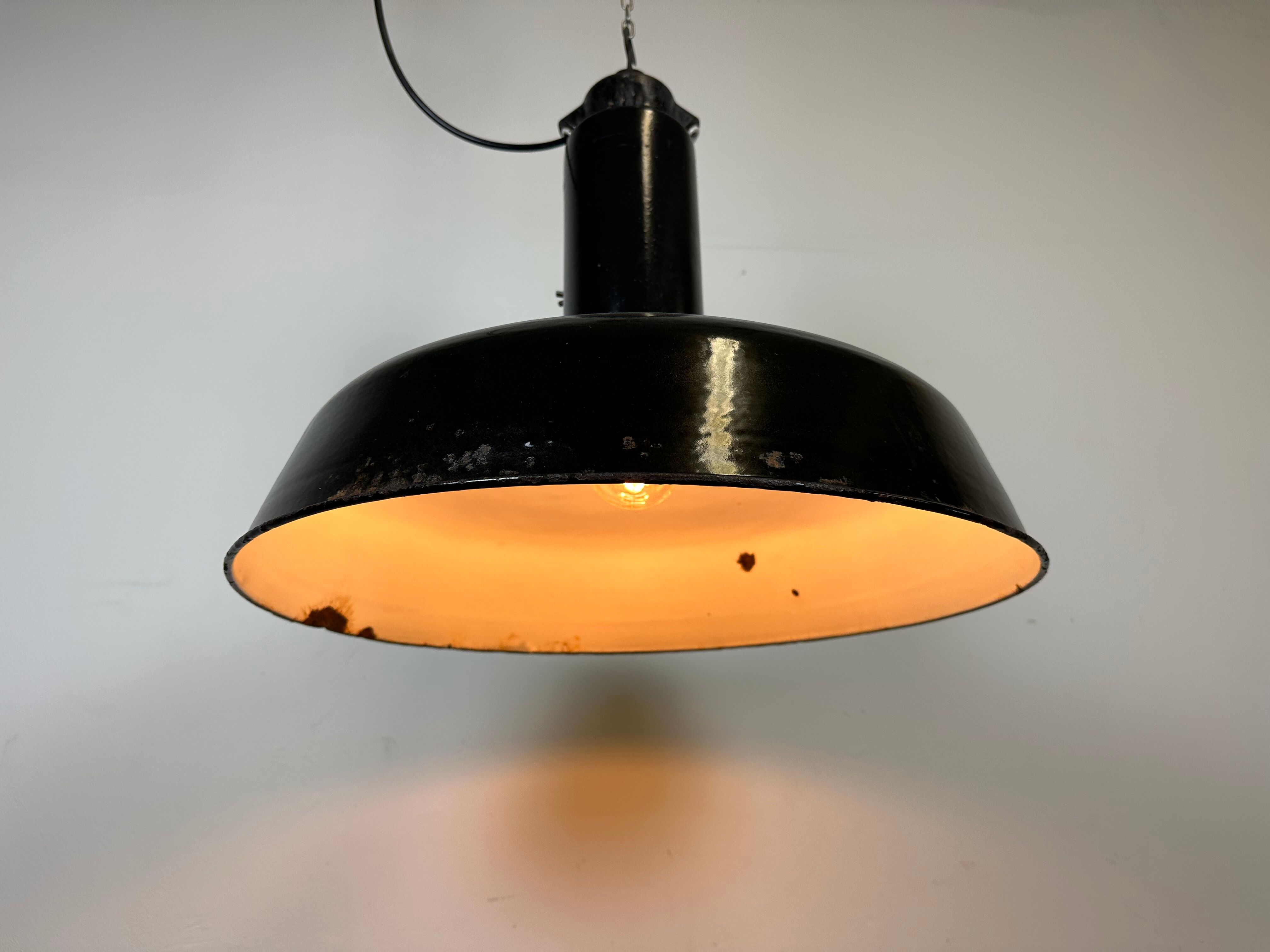 Industrial Black Enamel Factory Pendant Lamp with Iron Top, 1950s
