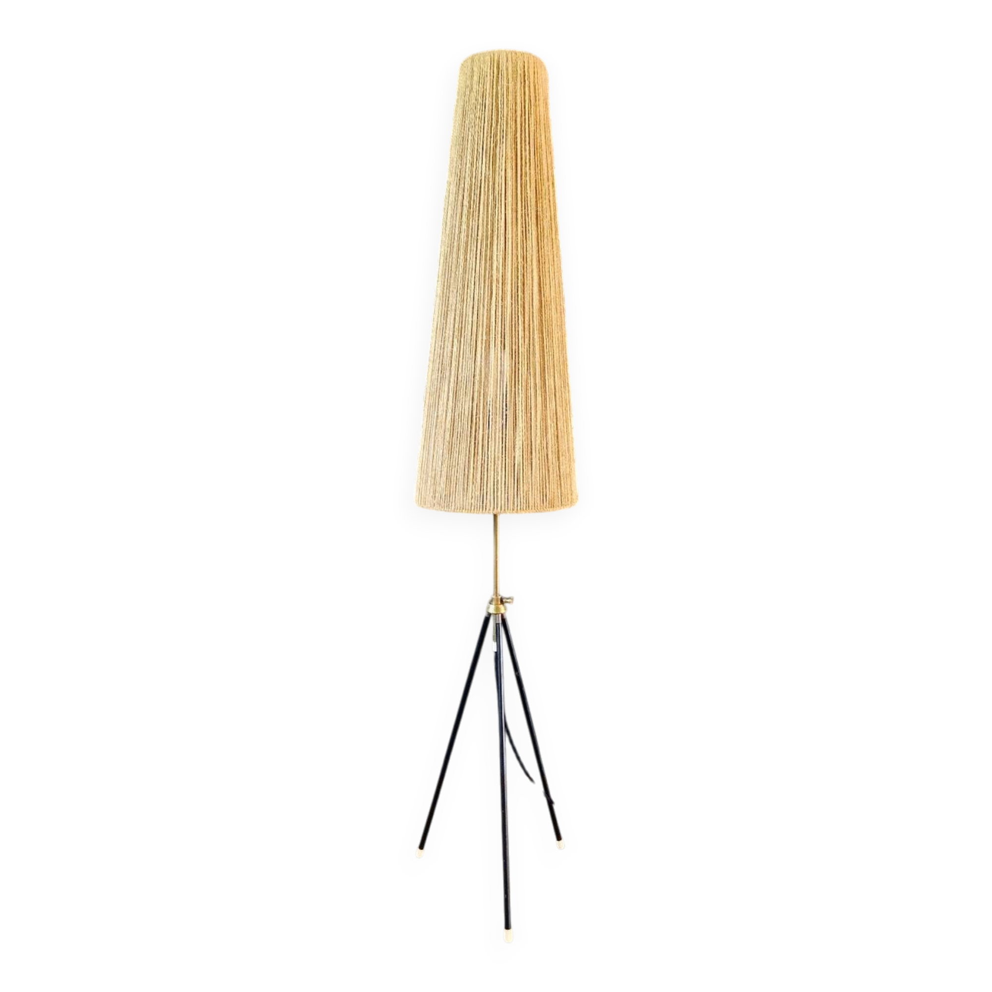 Mid-century tripod floor lamp, cord shade, 1950s-60s.