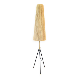Mid-century tripod floor lamp, rope shade, 1950s-60s